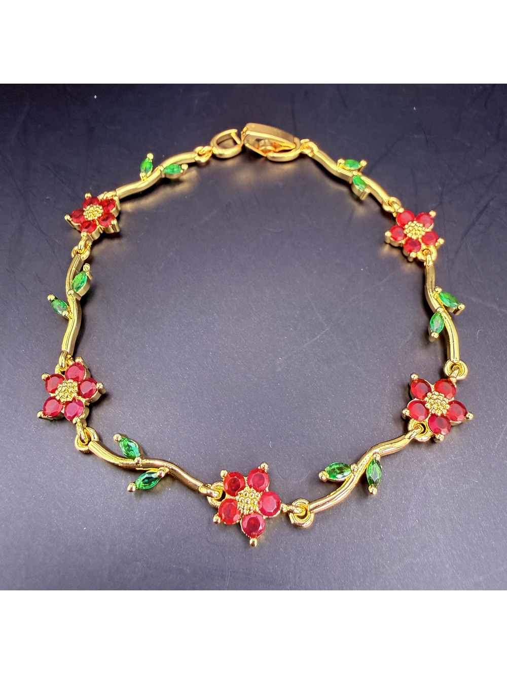 candy+clover red crystal flower vine gold tone bracelet